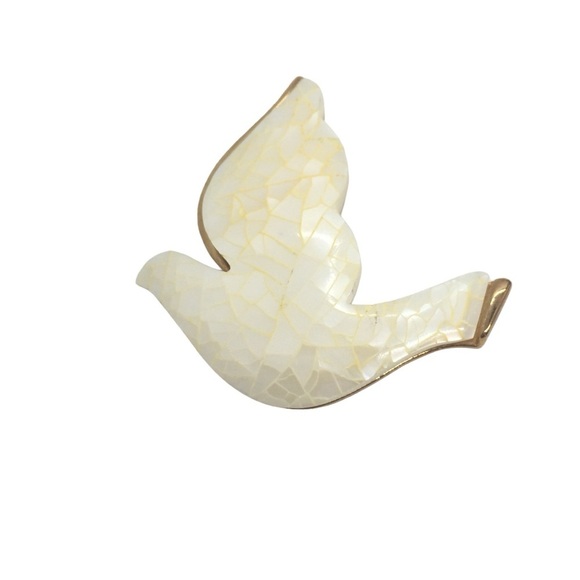 VINTAGE LIZ CLAIBORNE MOP DOVE BROOCH PIN GOLD TONE MOSAIC PEACE CHRISTMAS BIRD - Picture 1 of 16